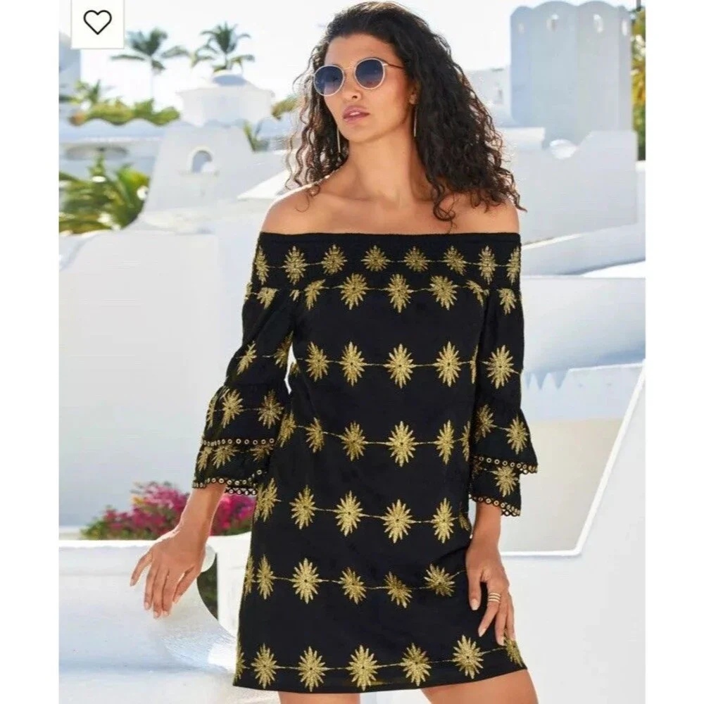 Boston Proper XS Off The Shoulder Dress Gold Black Mini Bell Sleeve Embroidered
